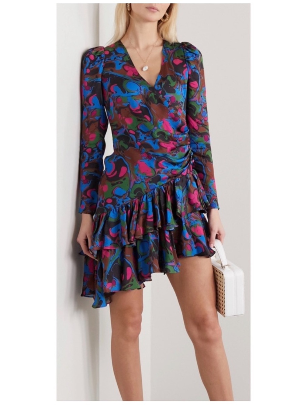 NWT RHODE Naomi Printed Ruched Ruffle Mini Dress Multicolor